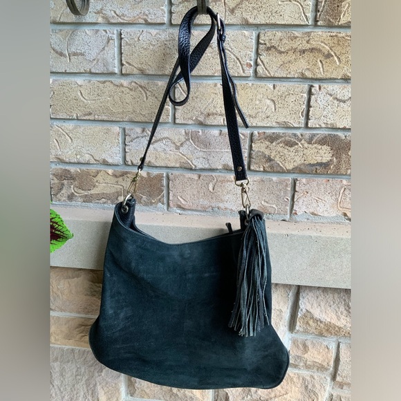 Bohemian SIMONS Nubuck Suede Pebbled Leather Black Hobo Slouchy Cross Body Purse - Picture 4 of 16